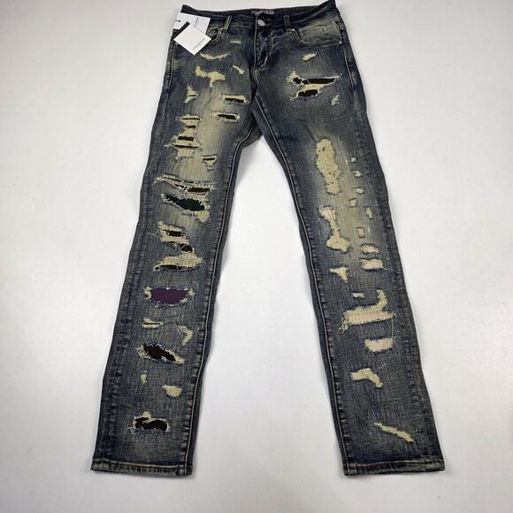 Lifted Anchors Jeans Mens 30 Dark Blue Distressed Ripped Destroyed Skinny Denim - Picture 1 of 13